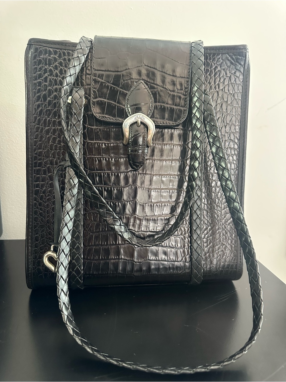 Brighton Black Croc-Embossed Shoulder Bag with Braided Straps